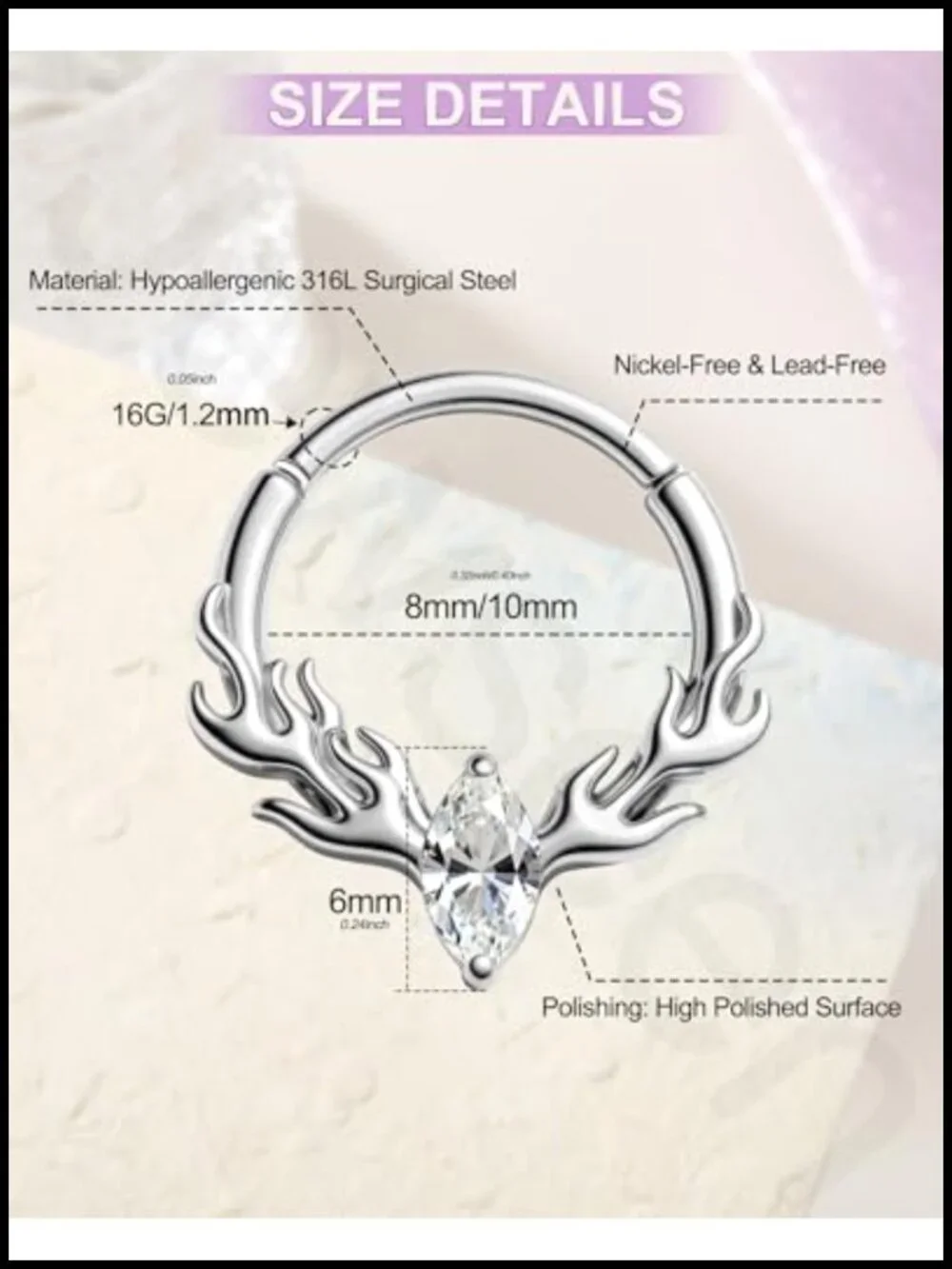 16G Surgical Steel Septum Ring Deer Antler Clicker Piercing Jewelry